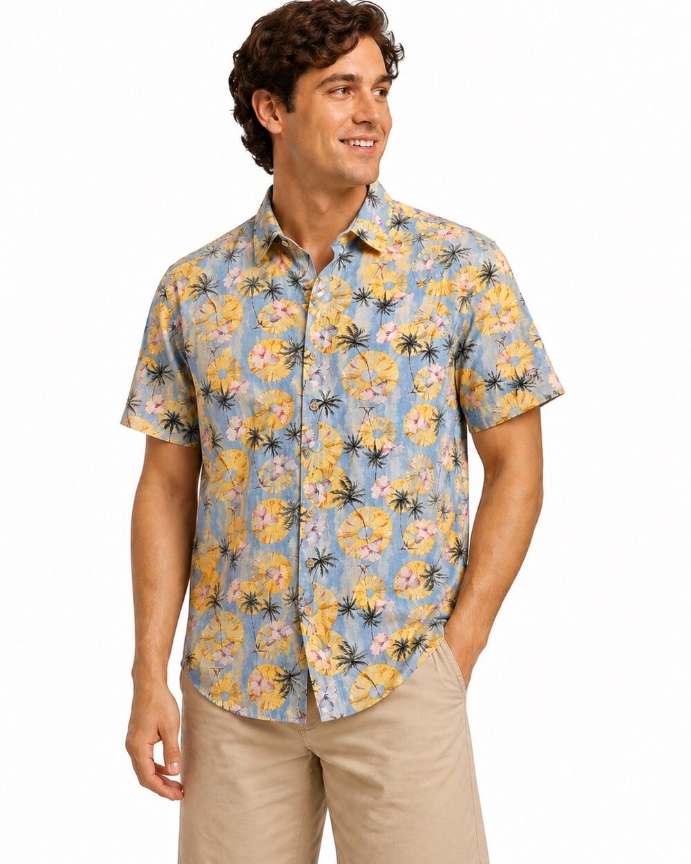 NWT Berkley Jensen Hawaiian Shirt Men M Linen Rayon Pineapple Palm Blue